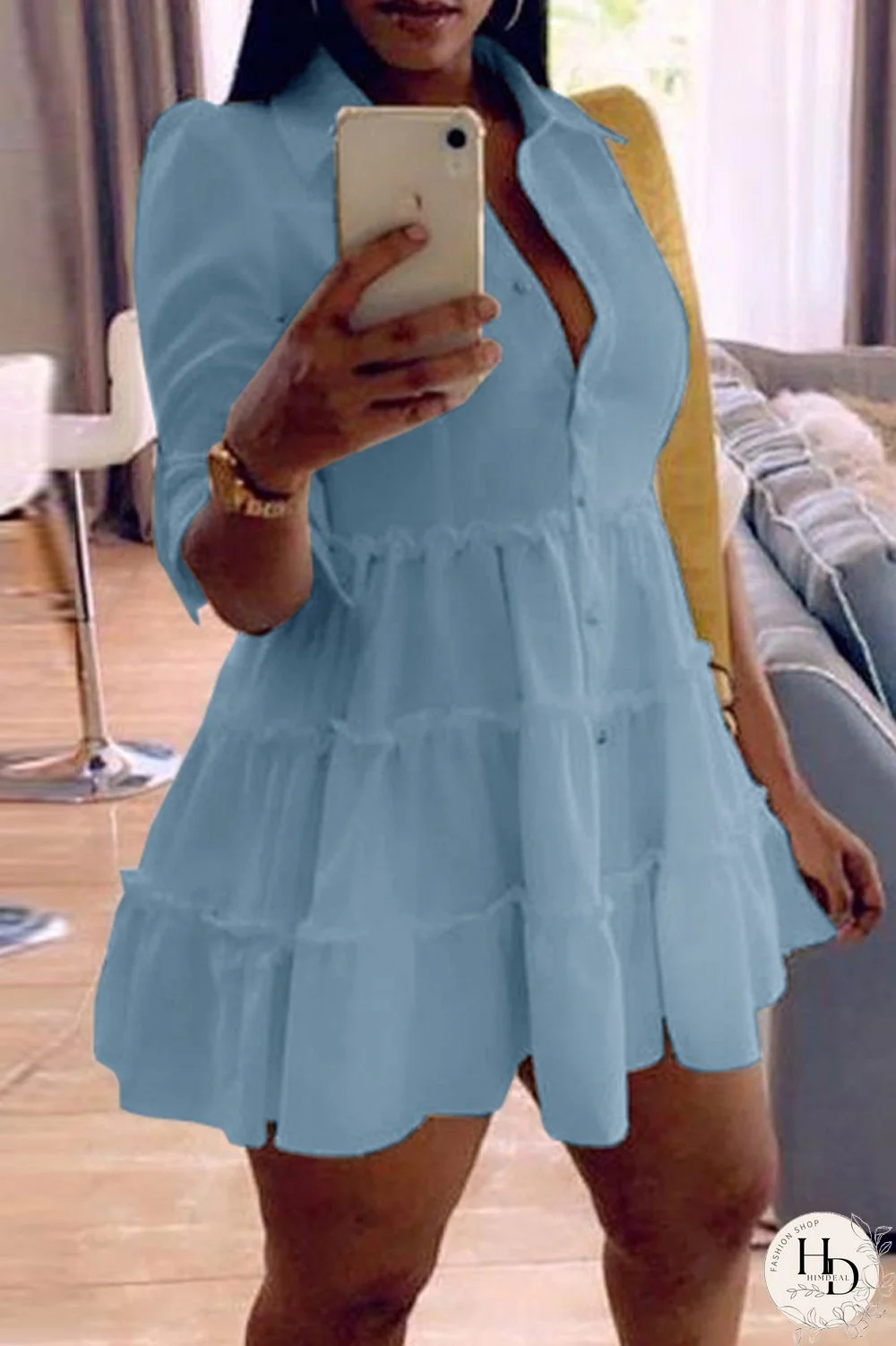 Rose Red Fashion Casual Solid Turndown Collar Shirt Dress