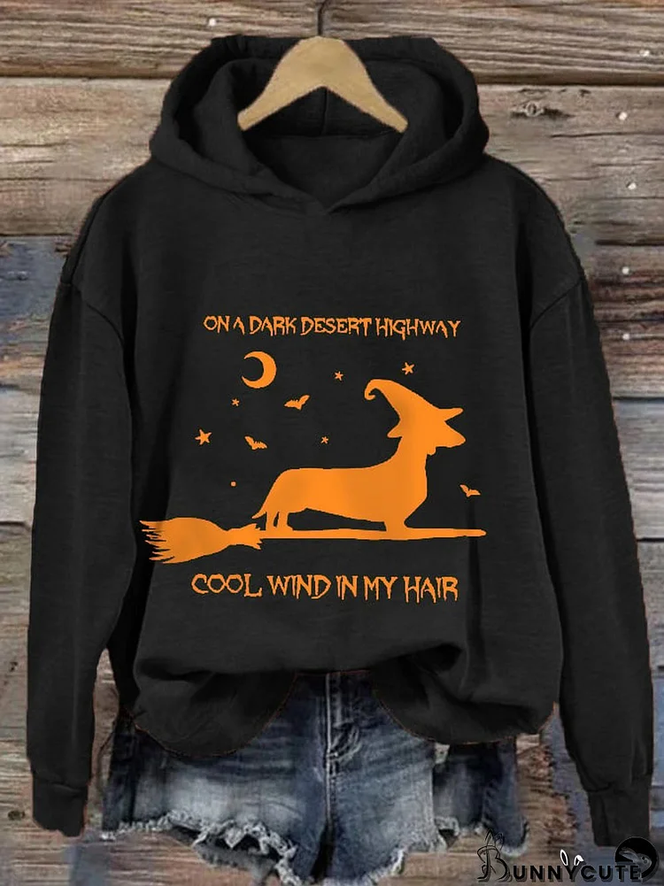 Women's Funny Halloween Dog Witch On A Dark Desert High Way Cool Wind In My Hair Casual Hoodie