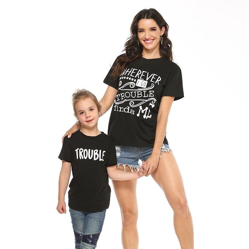 Mommy and Me Round collar Letter Black Short Sleeve Matching Tops - VSMEE