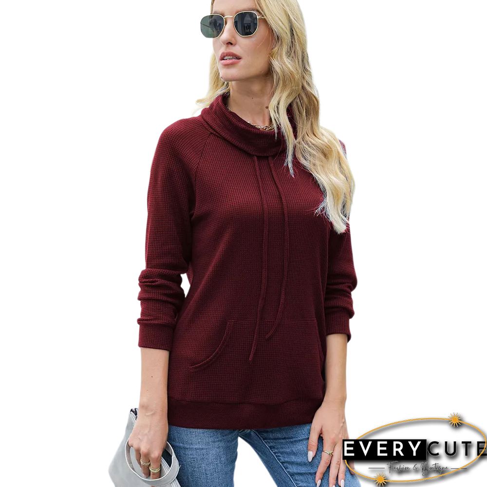 Wine Red Heap Collar Drawstring Pocket Long Sleeve Top