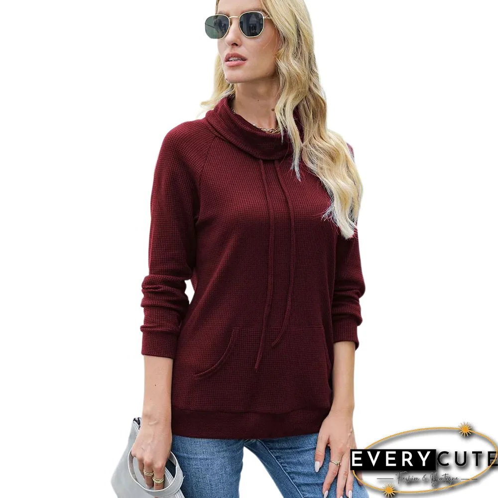 Wine Red Heap Collar Drawstring Pocket Long Sleeve Top