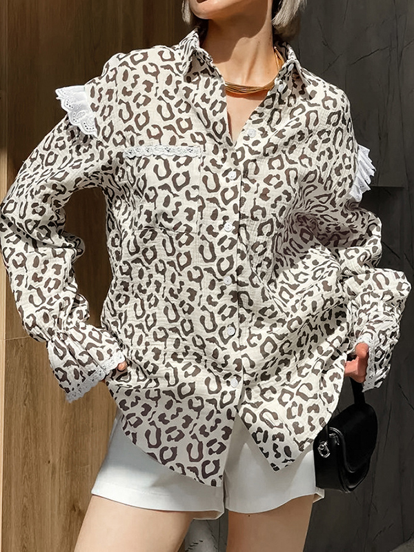 Ruffeld Lantern Sleeve Leopard Print Shirt