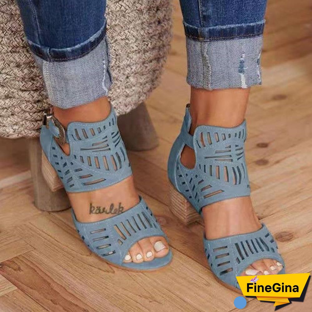 Women's Solid Color Hollow Chunky Heel High Heel Sandals