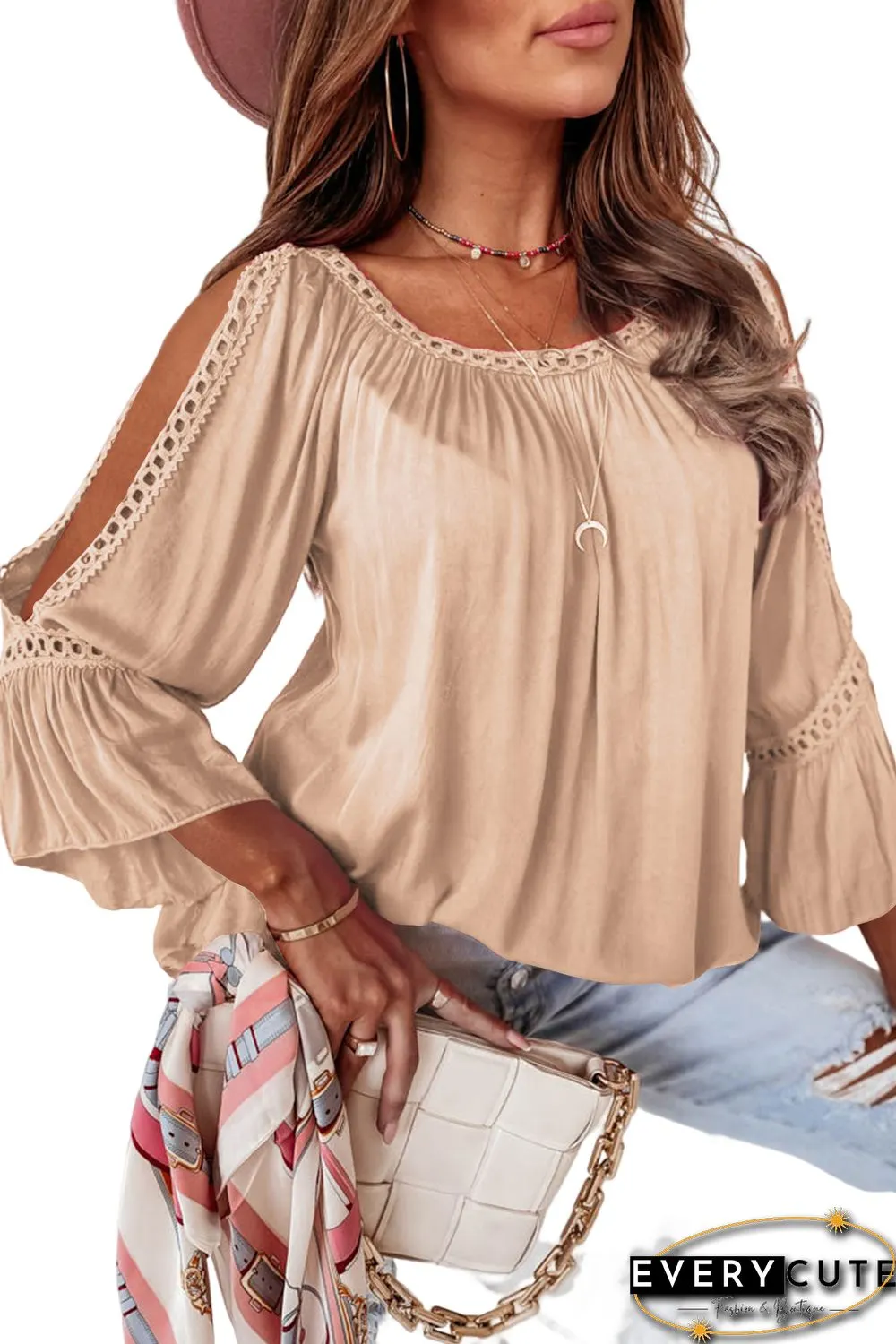 Apricot Lace Crochet Cut-Out Bracelet Sleeve Ruffle Blouse