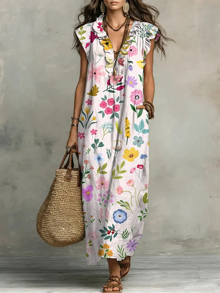 Women's Retro Floral Pattern Art Print Casual Ruffled Stylish Cotton Linen Dress