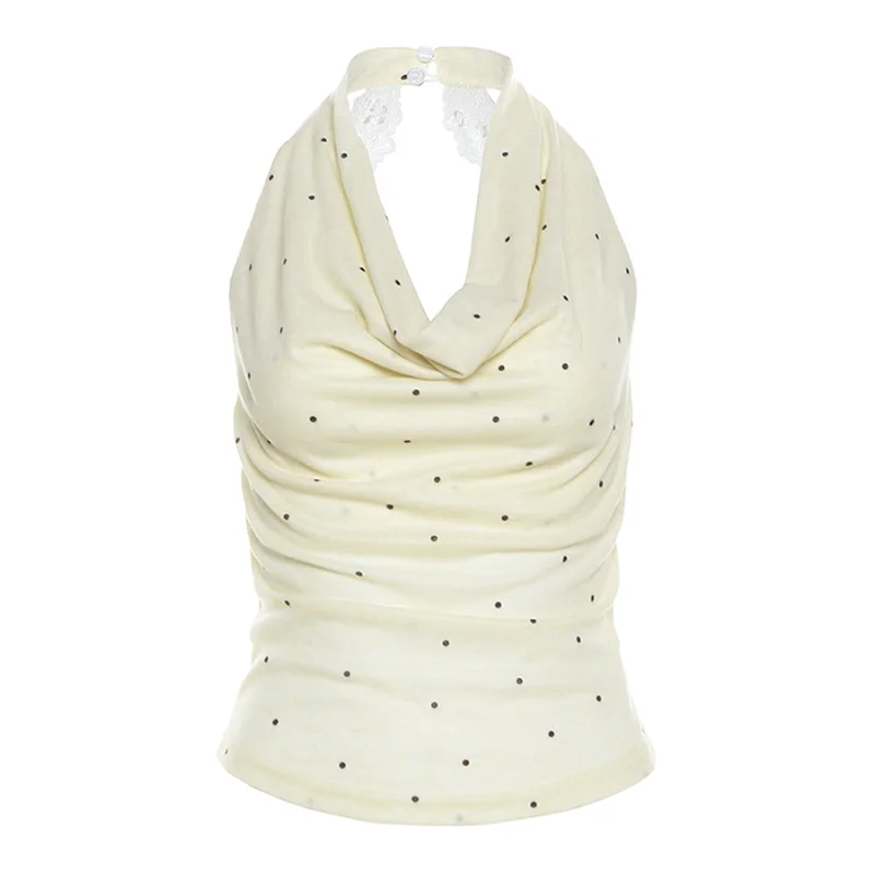 Uveng 2024 Summer New Women's Clothing Pure Lust Wind Collar Hanging Neck Elegant Wave Dot Small Vest