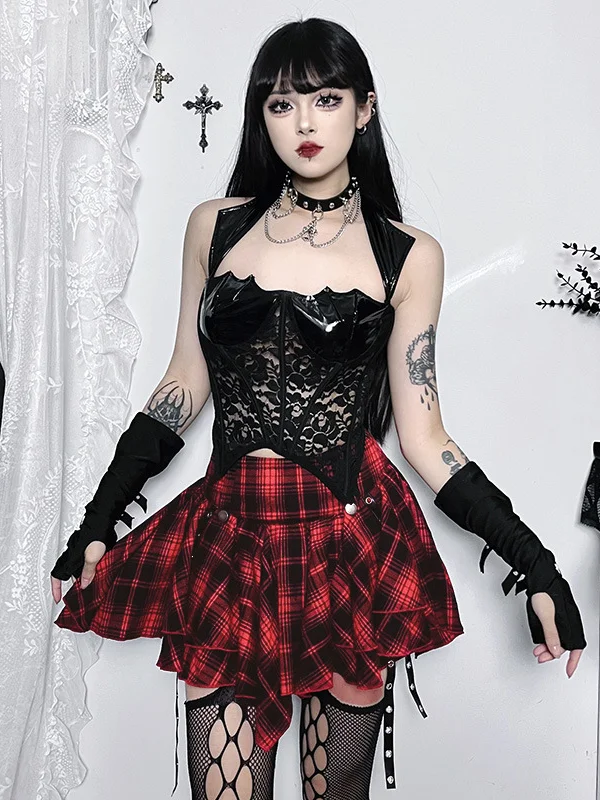 Goth Style Metal Trim Plaid Pleated Skirt