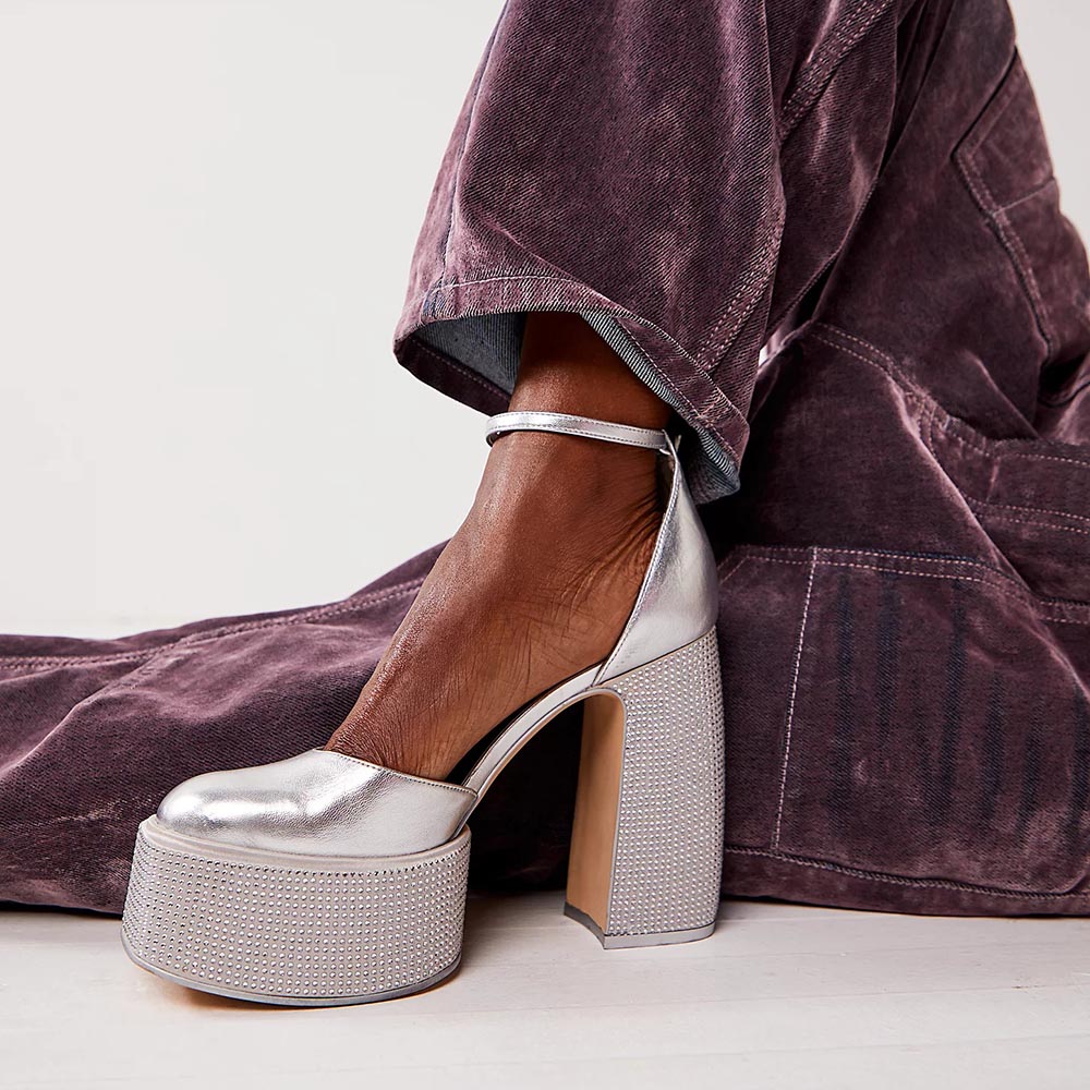 Silver Rhinestone Buckle Ankle Strap Chunky Heel Platform Mary Janes Nicepairs