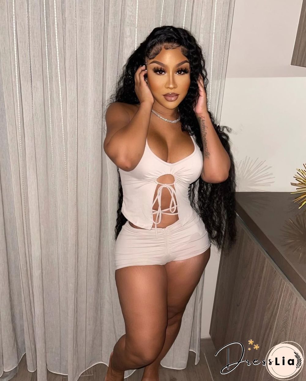 Summer Women Sexy Solid Color Irregular Hollow Out Sleeveless Halter Top Skinny Shorts Two Piece Suit