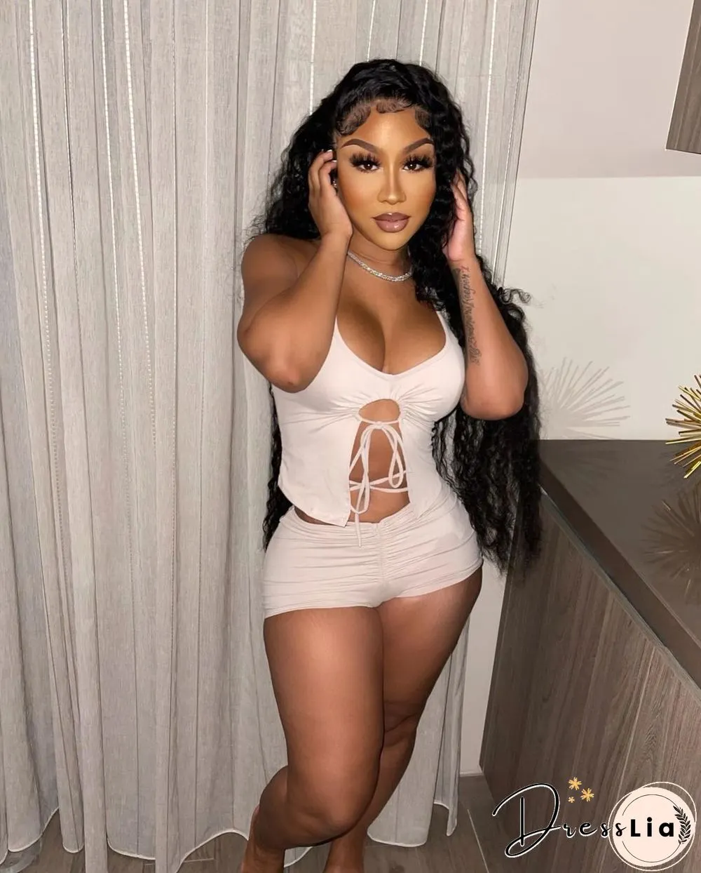 Summer Women Sexy Solid Color Irregular Hollow Out Sleeveless Halter Top Skinny Shorts Two Piece Suit