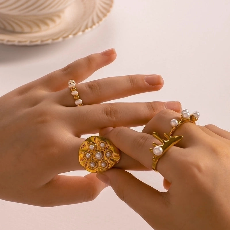 Vintage Style Modern Style Minimalist Geometric 304 Stainless Steel Artificial Pearls 18K Gold Plated Irregular Open Rings