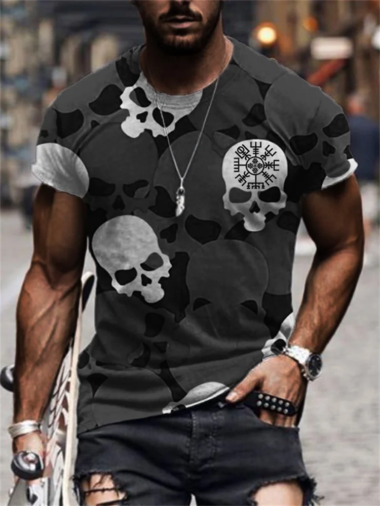 BrosWear Men's Viking Vegvisir Skull Inspired Camo T Shirt