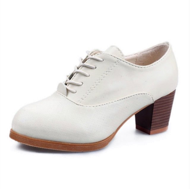 White Oxford Heels Round Toe Lace up Block Heel Vintage Shoes|FSJshoes