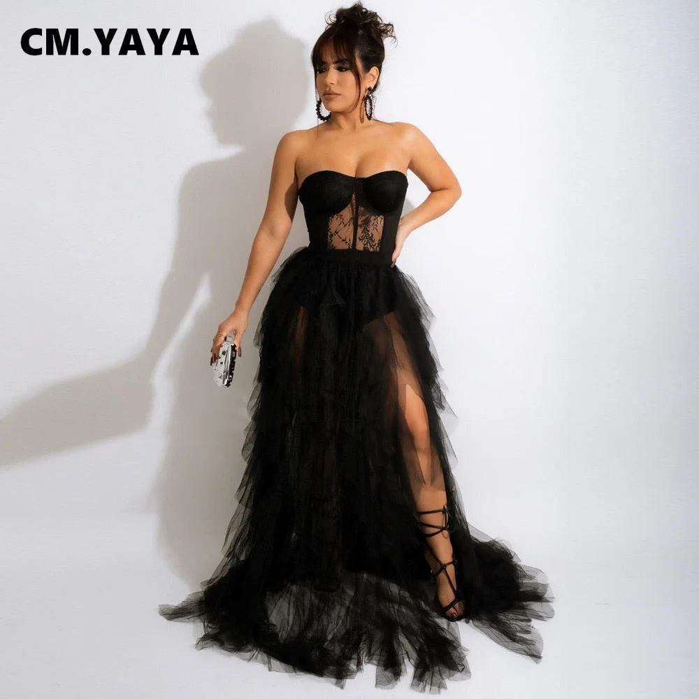 CM.YAYA Women Mesh See Though Lace Patchwork Cascading Ruffles High Side Split Bodycon Maxi Dress Sexy Night Party Long Dresses