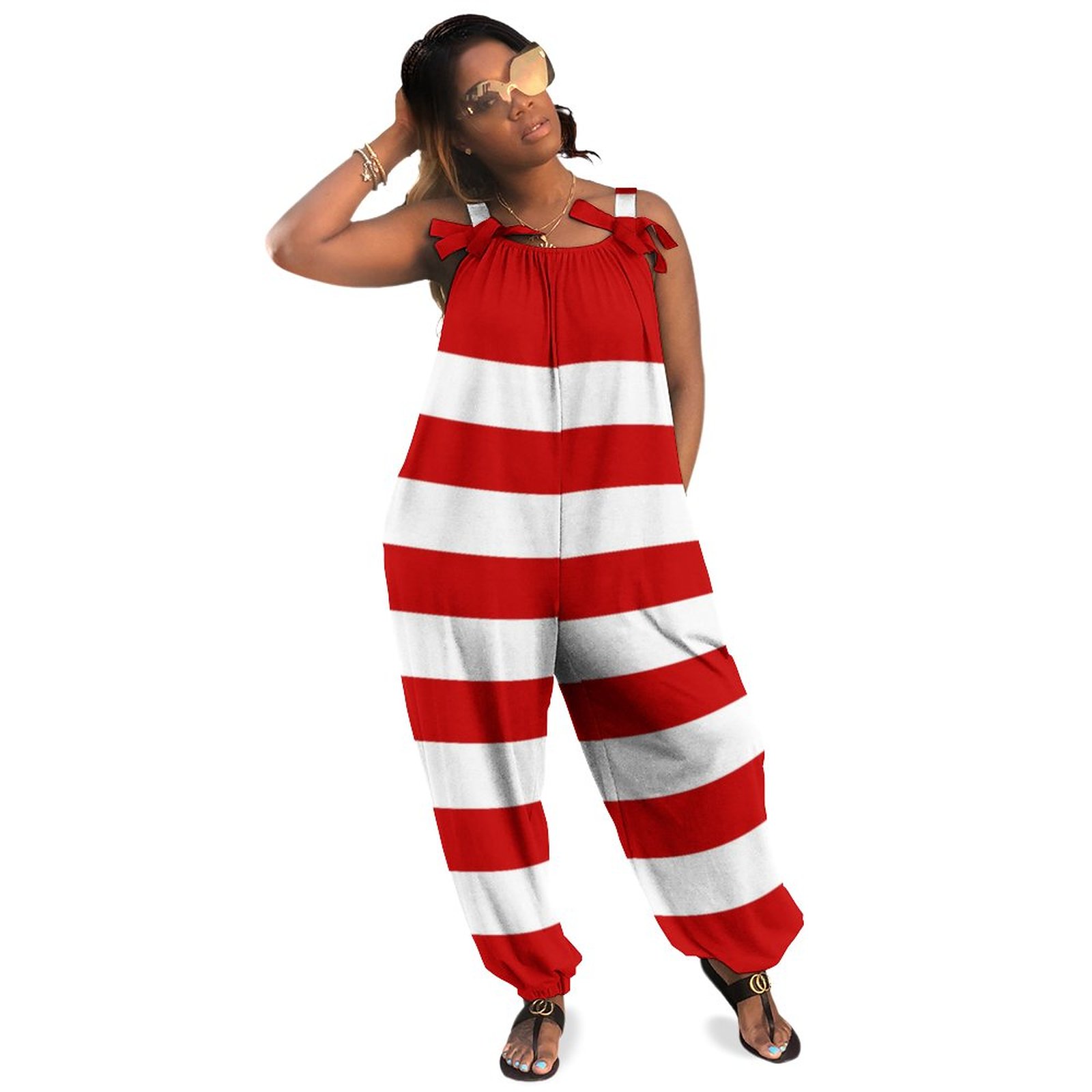 Modern Red White Stripes Geometric Pattern Women Plus Size Jumpsuit Summer Loose Harem Pants Sleeveless Jumper Romper Casual Long Length Polyester Spandex