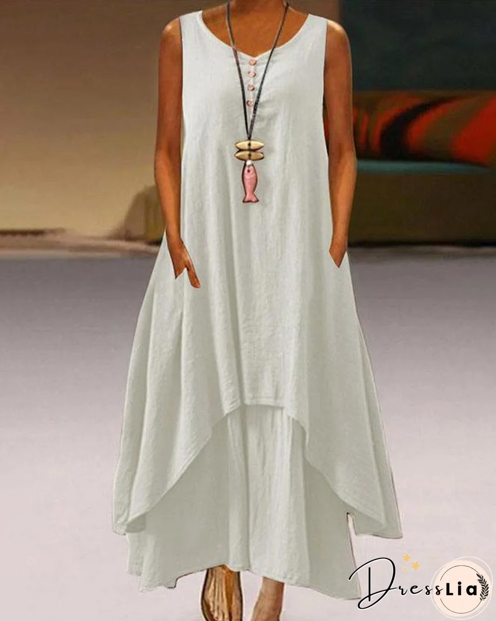 Plus Size Solid Sleeveless A-Line Asymmetrical Maxi Dress