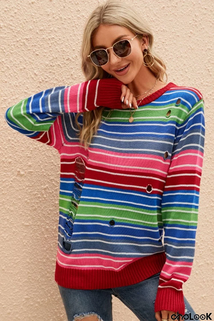 Rainbow Stripe Distressed Round Neck Sweater