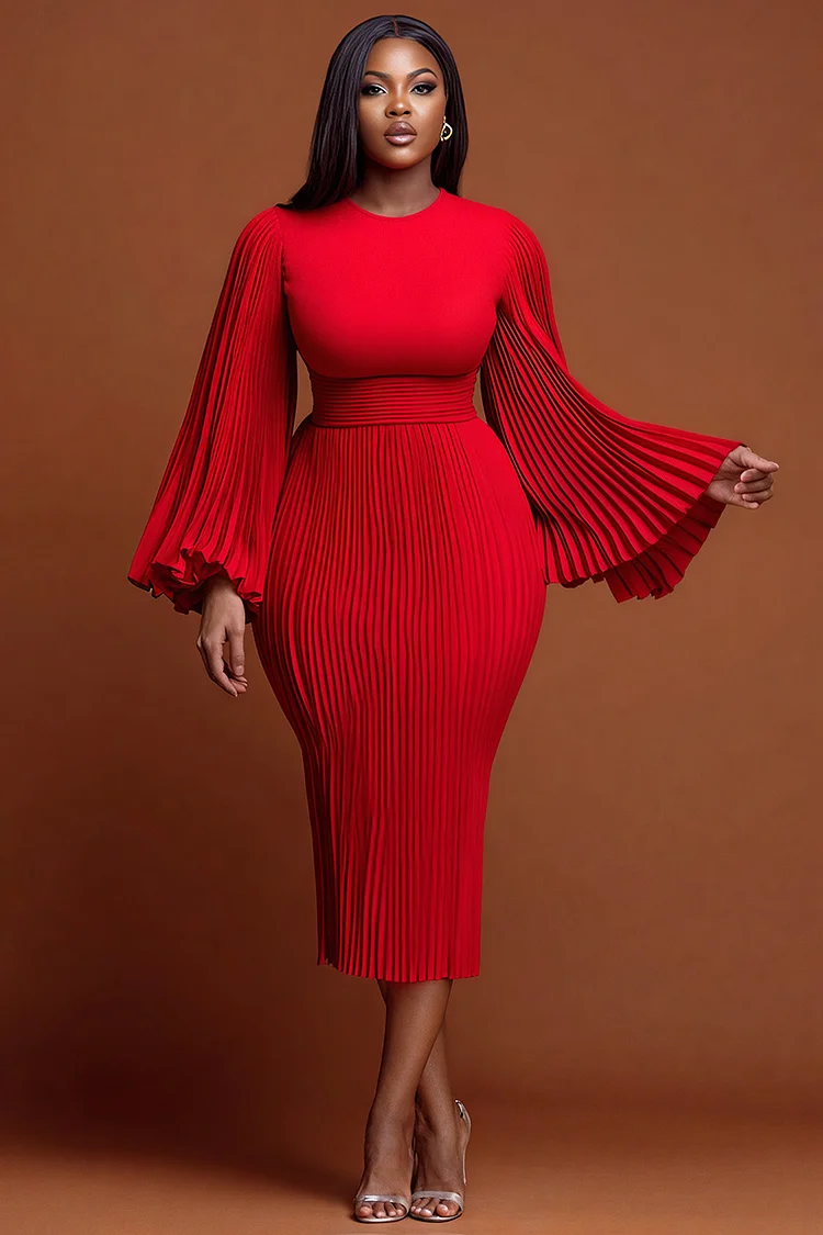 Xpluswear Design Plus Size Christmas Red Round Neck Flare Long Sleeve Bodycon Elegant Pleated Knitted Midi Dresses [Pre-Order]