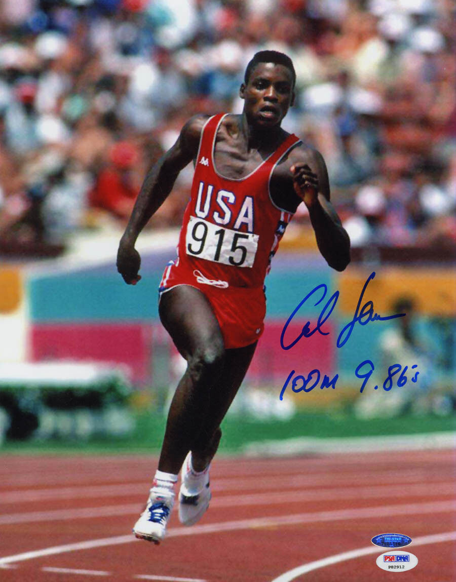 Carl Lewis SIGNED 11x14 Photo Poster painting + 100 M 9.86 PSA/DNA AUTOGRAPHED