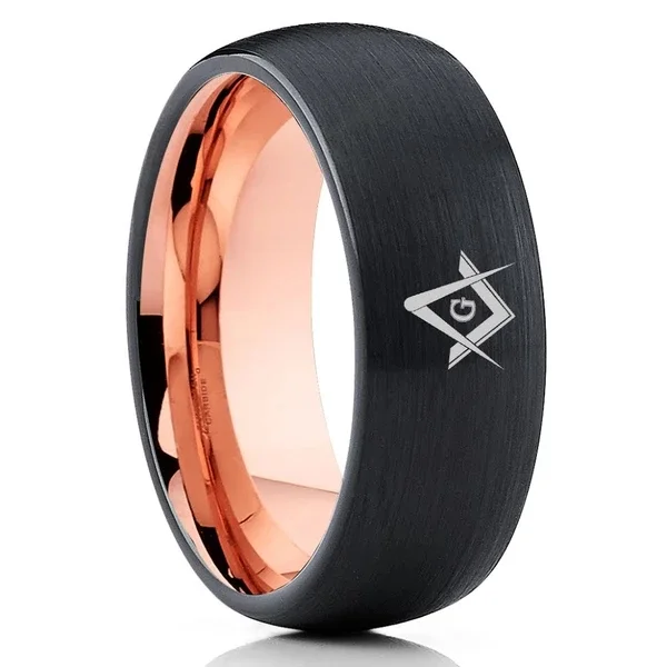 6mm 8mm Women's or Men's Tungsten Carbide Masonic Wedding Bands Black And Rose Gold Brush Polish Dome Shape Comfort fit