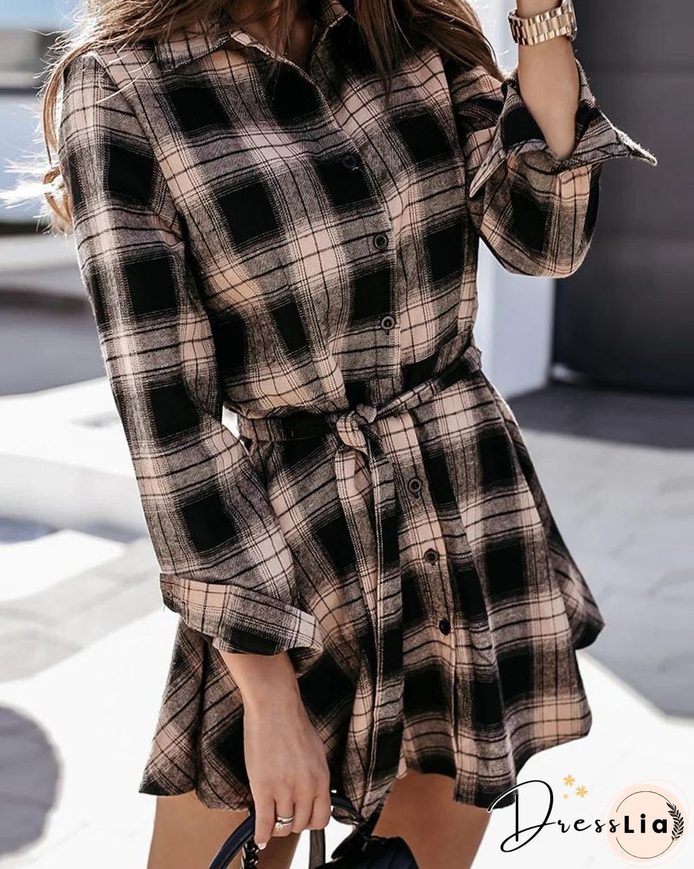 Plaid Colorblock Long Sleeve Shirt Dress P13915
