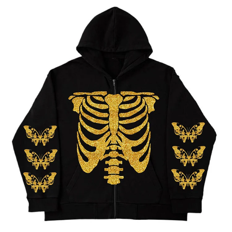 Y2k Skull Butterfly Print Zipper Hoodie Long Sleeve Sweatshirt