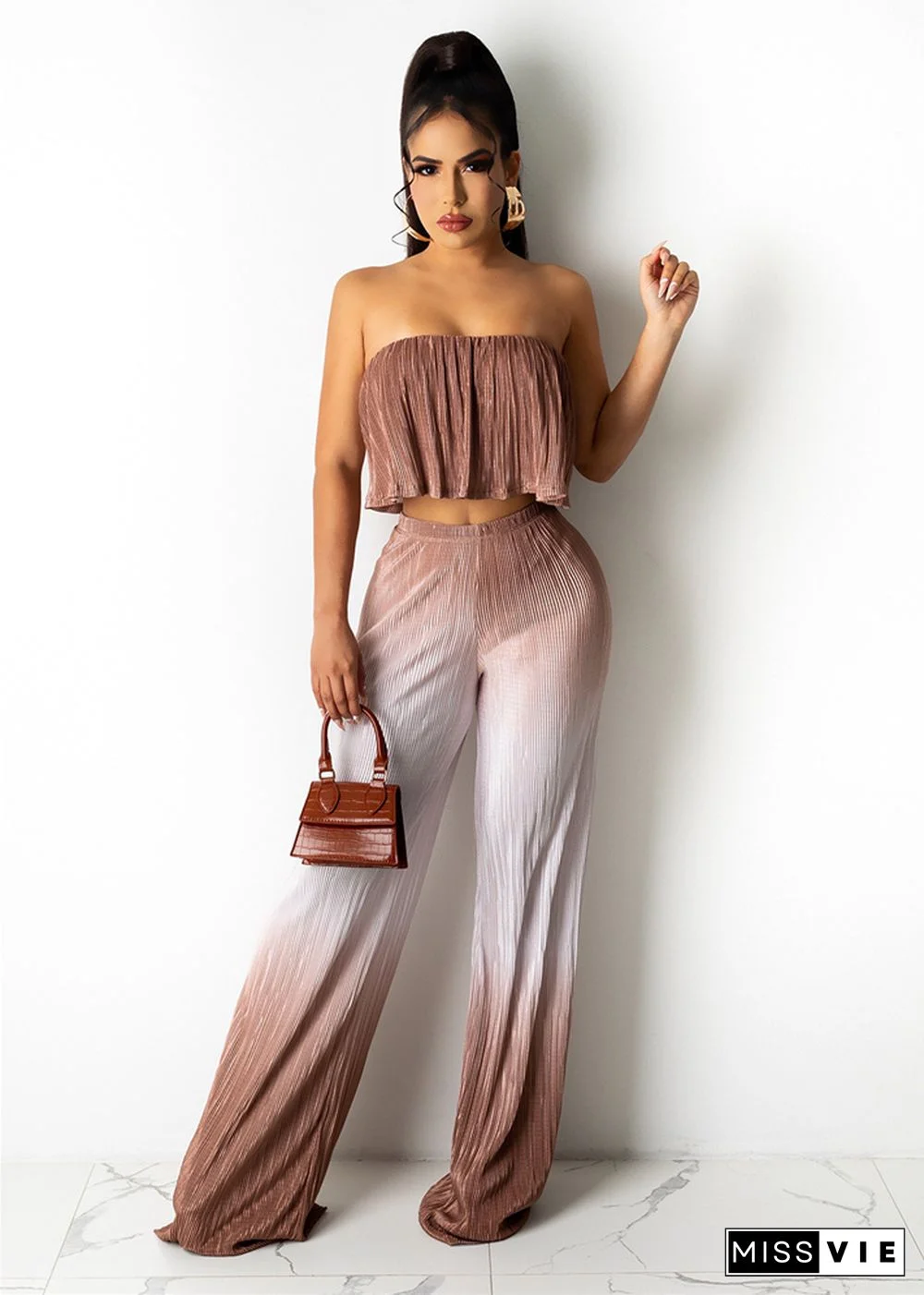 Gradient Strapless Crop Top Loose Wide Leg Pants Set