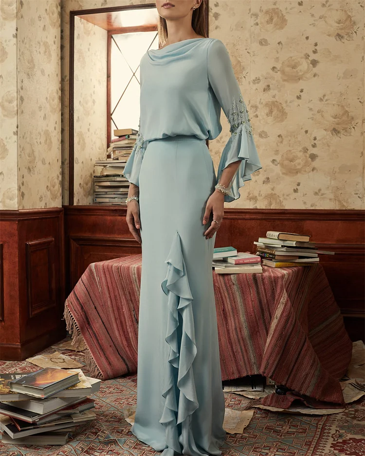 Women's Blue Embroidered Ruffled Dress