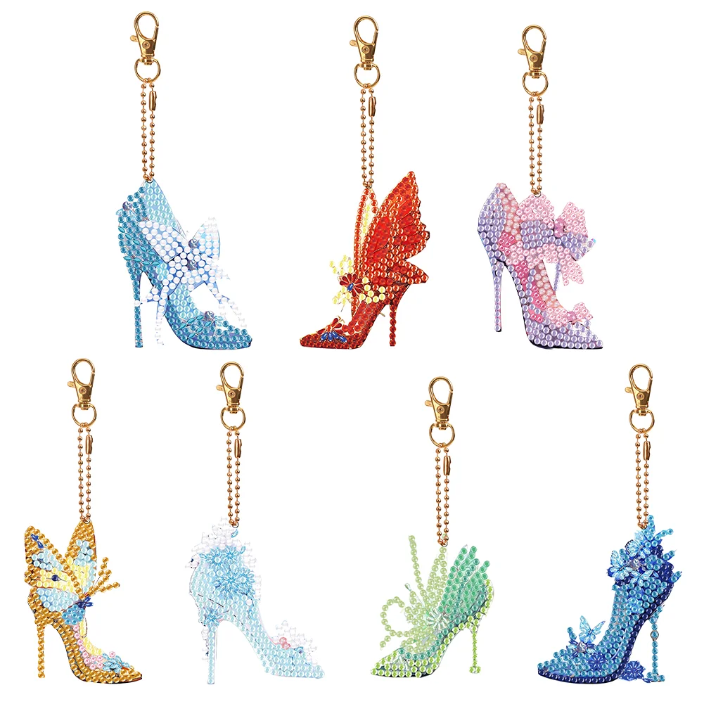 7pcs DIY Butterfly High Heels Double Sided Diamond Painting Keychain for Beginners Craft Supplies