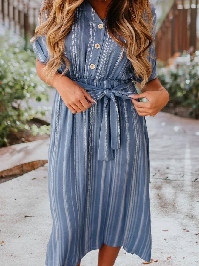 V Neck Blue Women Dresses Holiday Paneled Striped Dresses