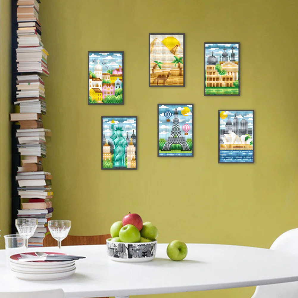 6pcs Scenery DIY Mini Round Diamond Painting for Desktop Decor No Frame(14*19cm)