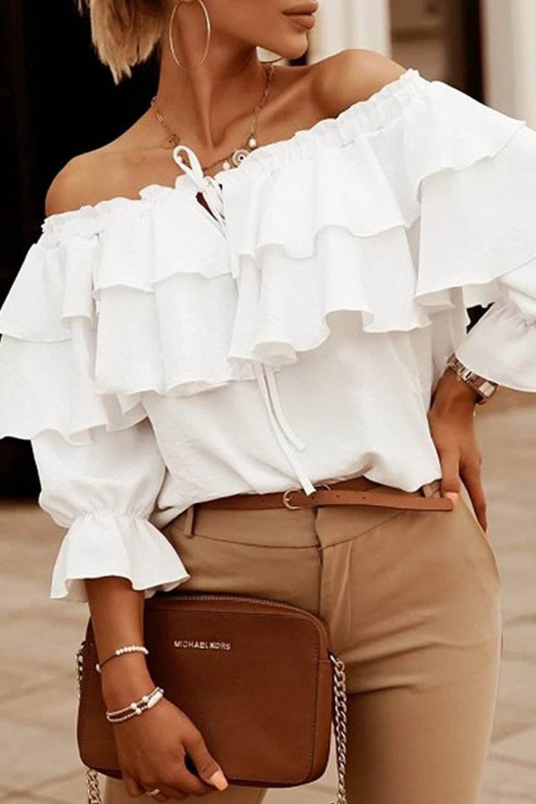 Fashion Solid Flounce Off the Shoulder Tops(3 Colors)