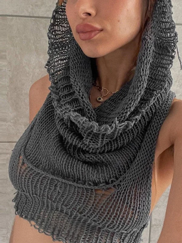 Brownm Crochet Knit Tank Top with Hood
