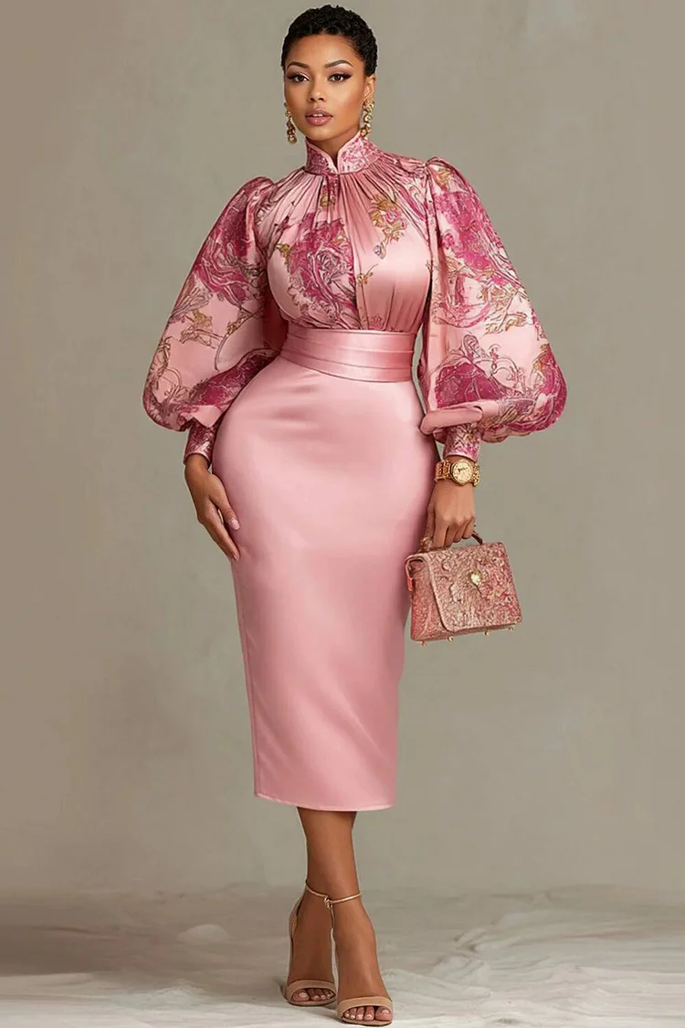 Xpluswear Design Plus Size Wedding Guest Pink Floral Stand-Up Collar Lantern Sleeve Long Sleeve Bodycon Satin Midi Dresses 2024 - Xpluswear