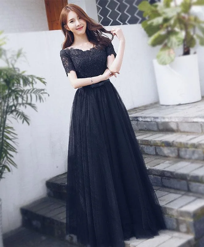 Black Lace Tulle Long Prom Dress, Short Sleeve Formal Dress