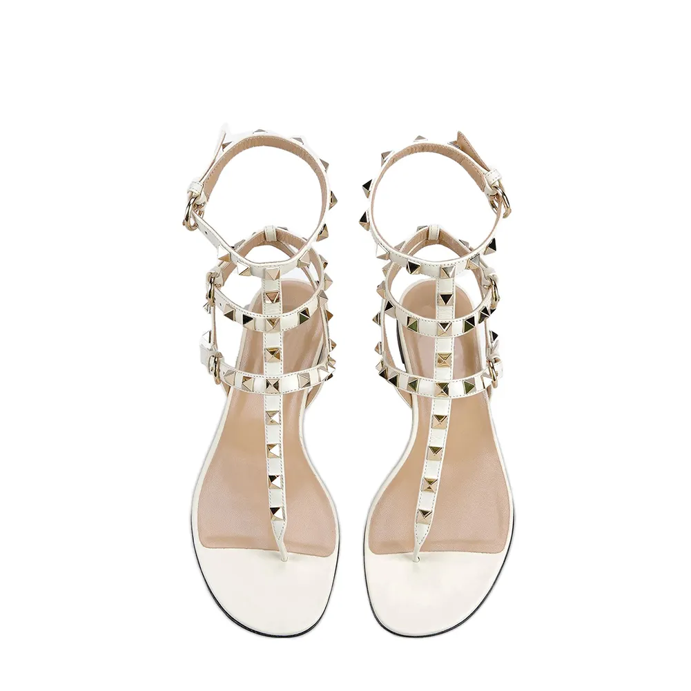 Women's Studded  T-Strap Strappy  Thong  Flats Sandals-vocosishoes