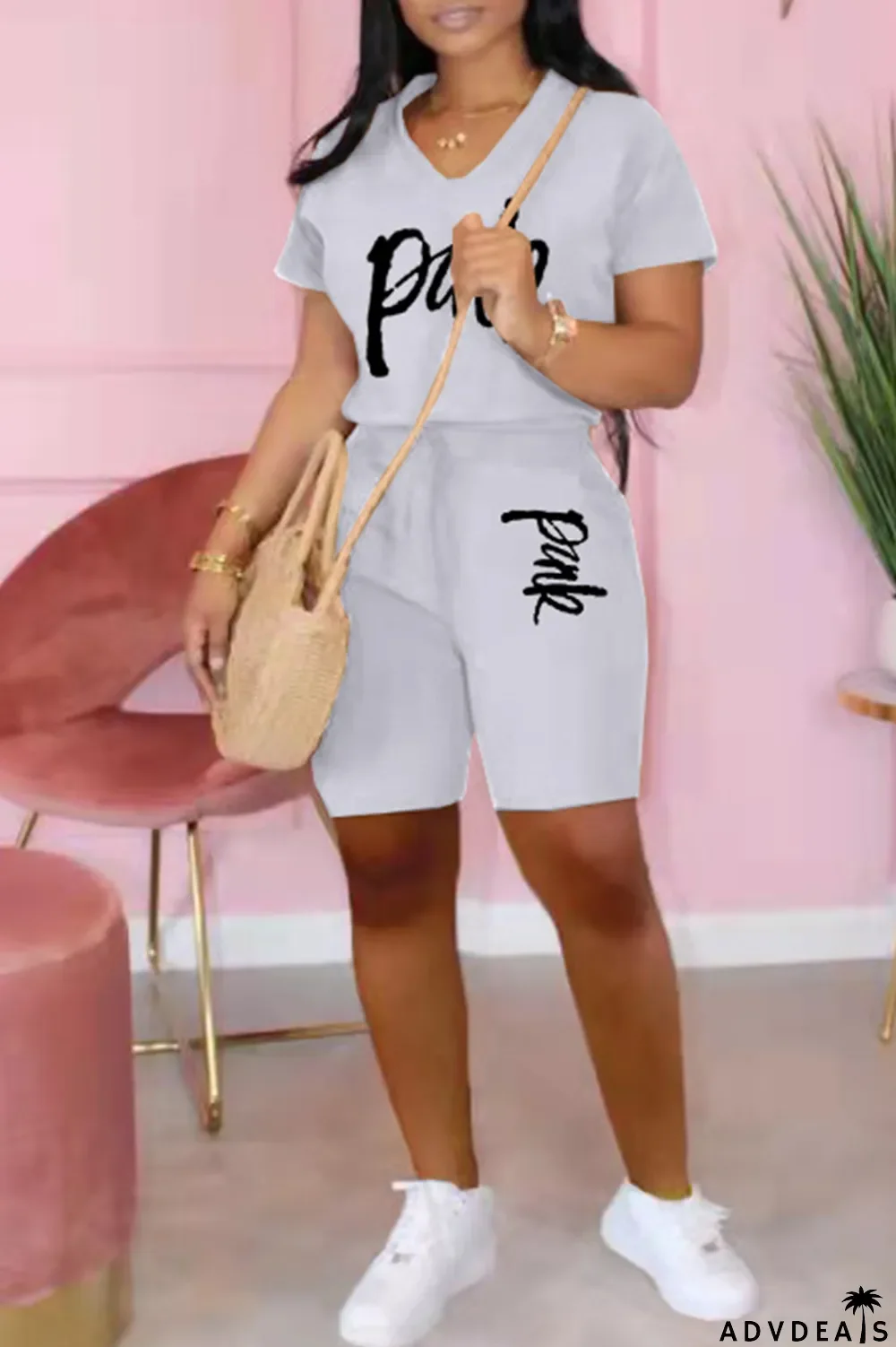 Apricot Fashion Casual Letter Print Basic V Neck Short Sleeve Two Pieces