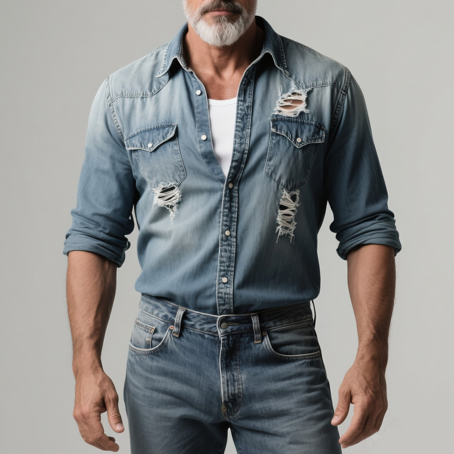 Men's Casual Flap Pocket Button Long Sleeve Ripped Denim Shirt