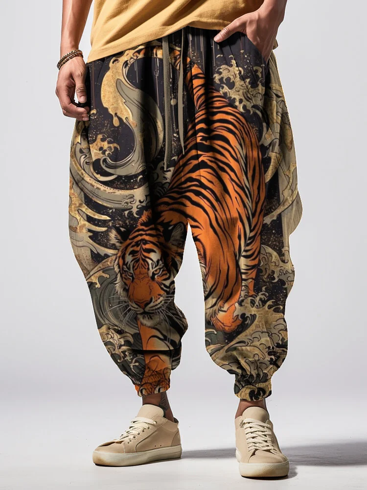Men's Waves Tiger Graphic Print Loose Drawstring Waist Sweatpants