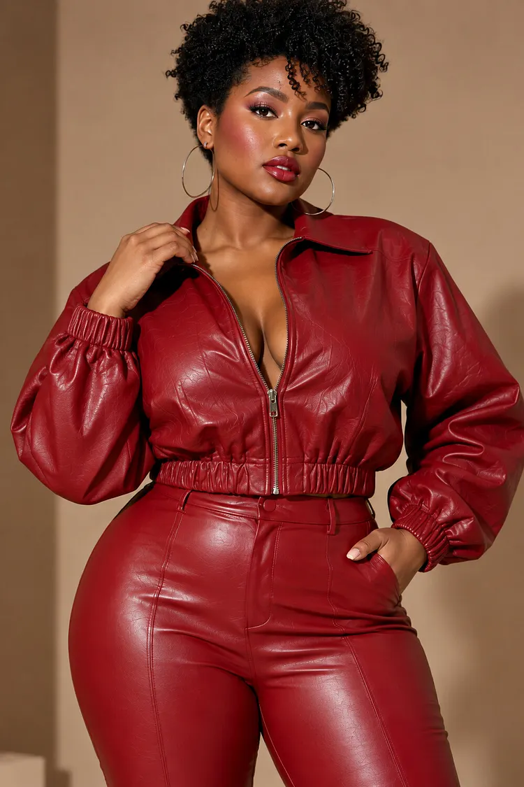 Xpluswear Design Plus Size Daily Burgundy Turndown Collar Long Sleeve Zipper PU Leather Jacket [Pre-Order] 2024 - Xpluswear