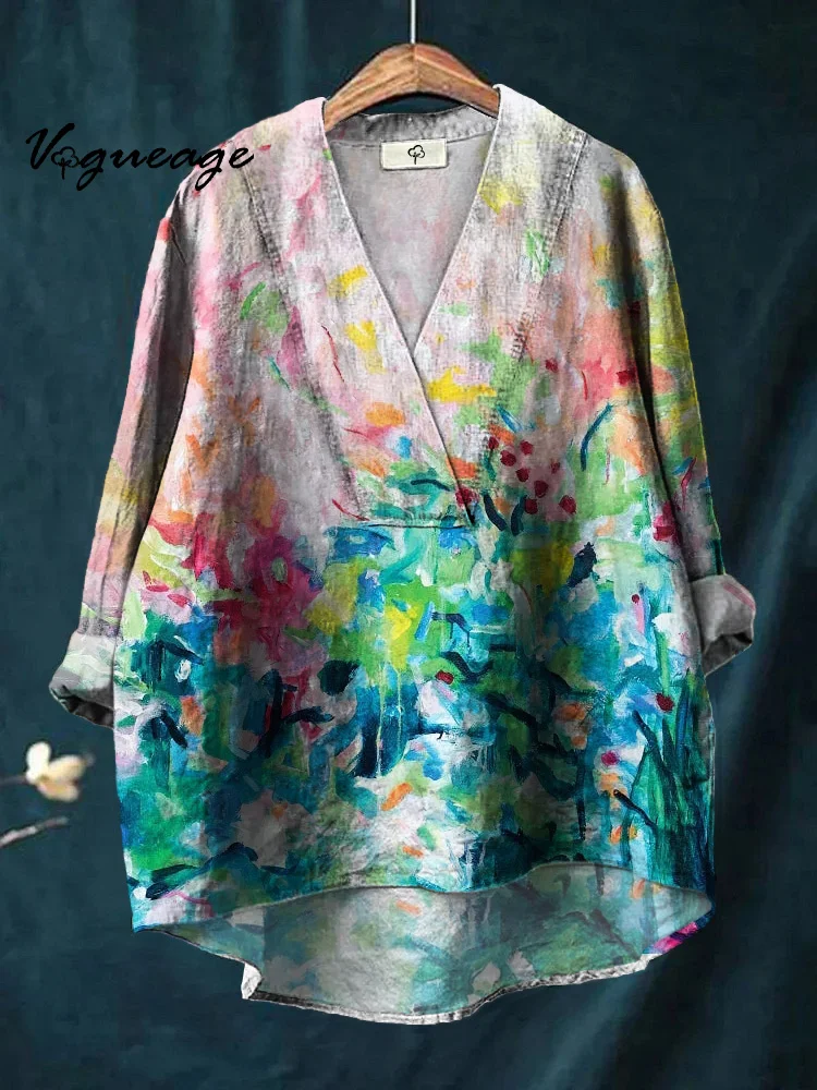 Gentle And Elegant Temperament Pattern Printed Cotton And Linen Shirt