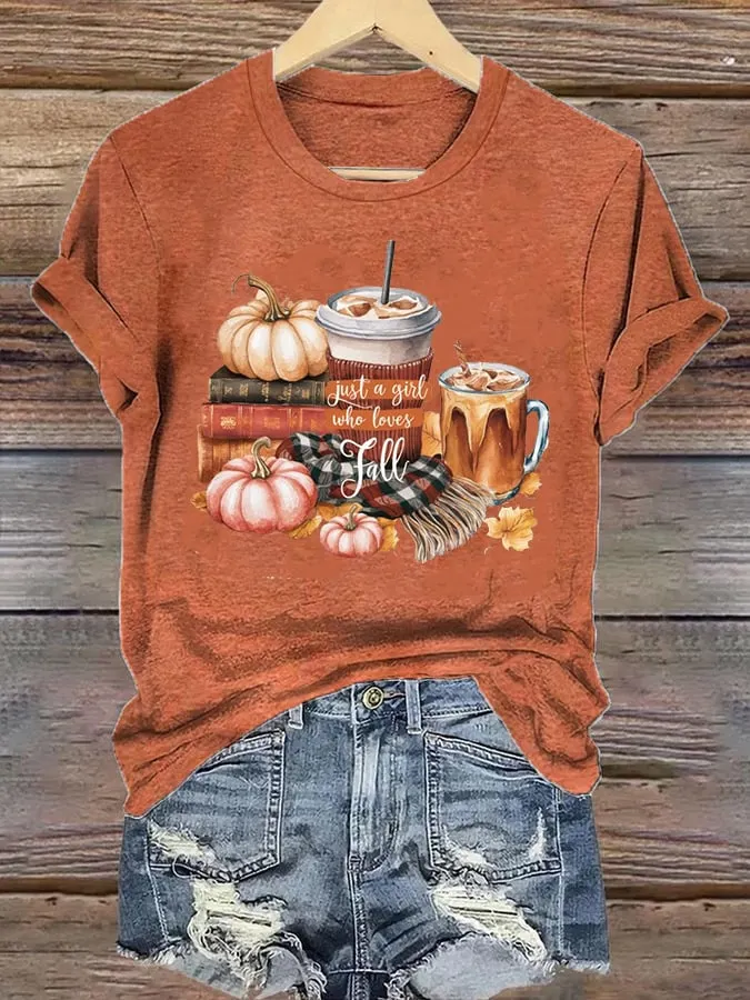 Women's Just A Girl Who Loves Fall Print Casual T-Shirt 