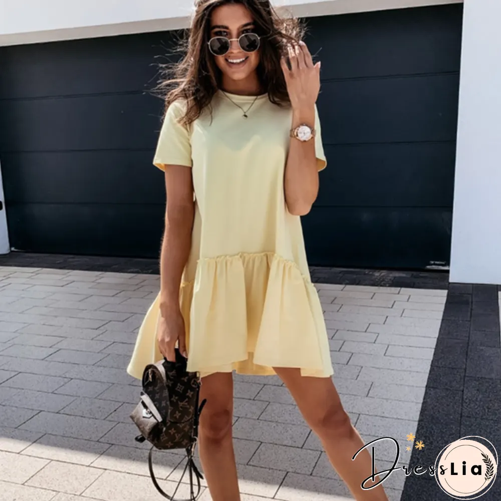 Loose Casual Short Sleeve Mini Dress Women Summer O-neck White Black Ruffles Big Hem Beach