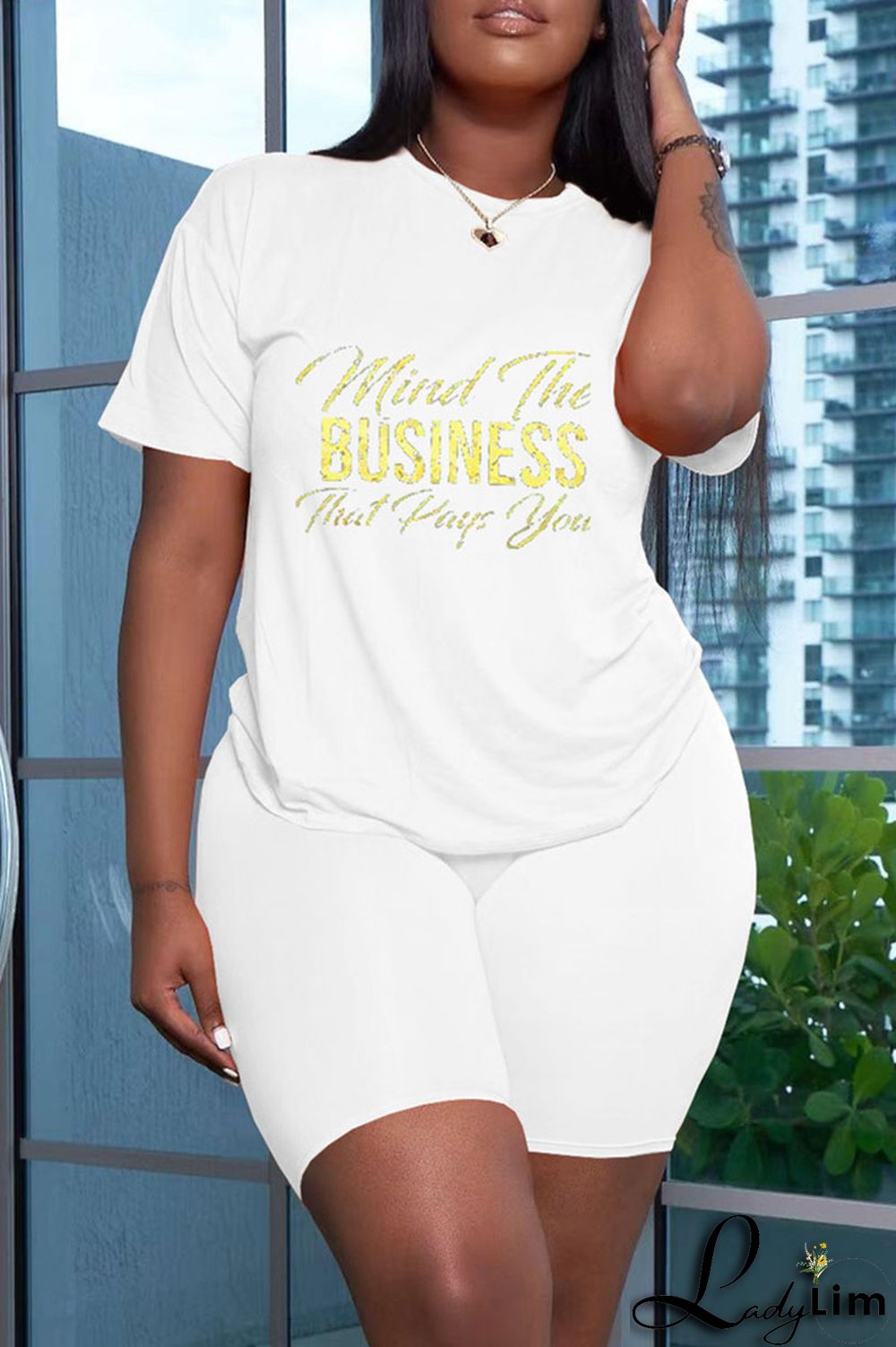 Black Fashion Casual Letter Print Basic O Neck Short Sleeve Two Pieces