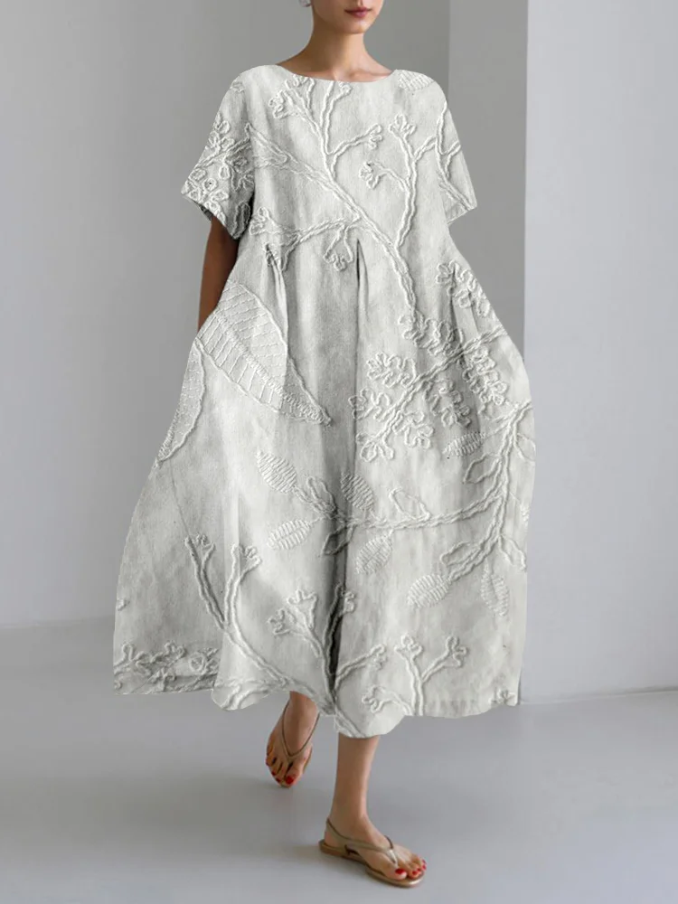 Classy Floral Lace Embroidered Linen Blend Maxi Dress