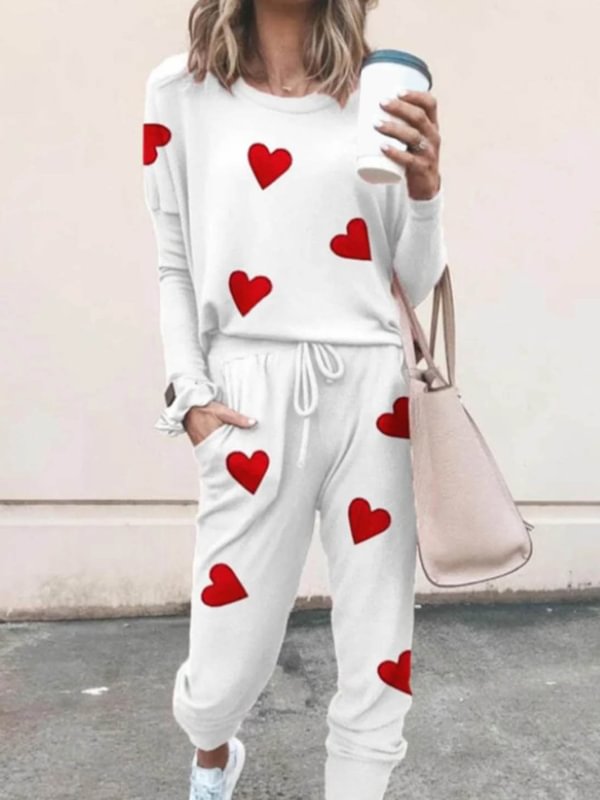 Women's Loungewear Sets Heart-shaped Color Block Round Neck Long Sleeve Slim Ankle-length Two Piece Sets