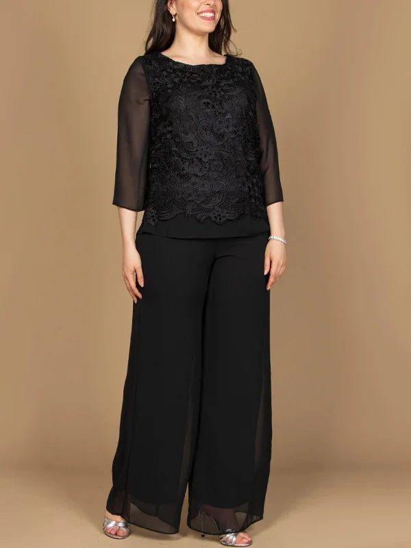 Round neck solid lace top trousers set