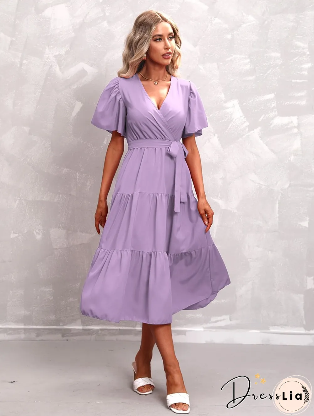 Elegant Womens Summer Dress & Casual Lace-Up Solid Color Neck High Waist Short Sleeve