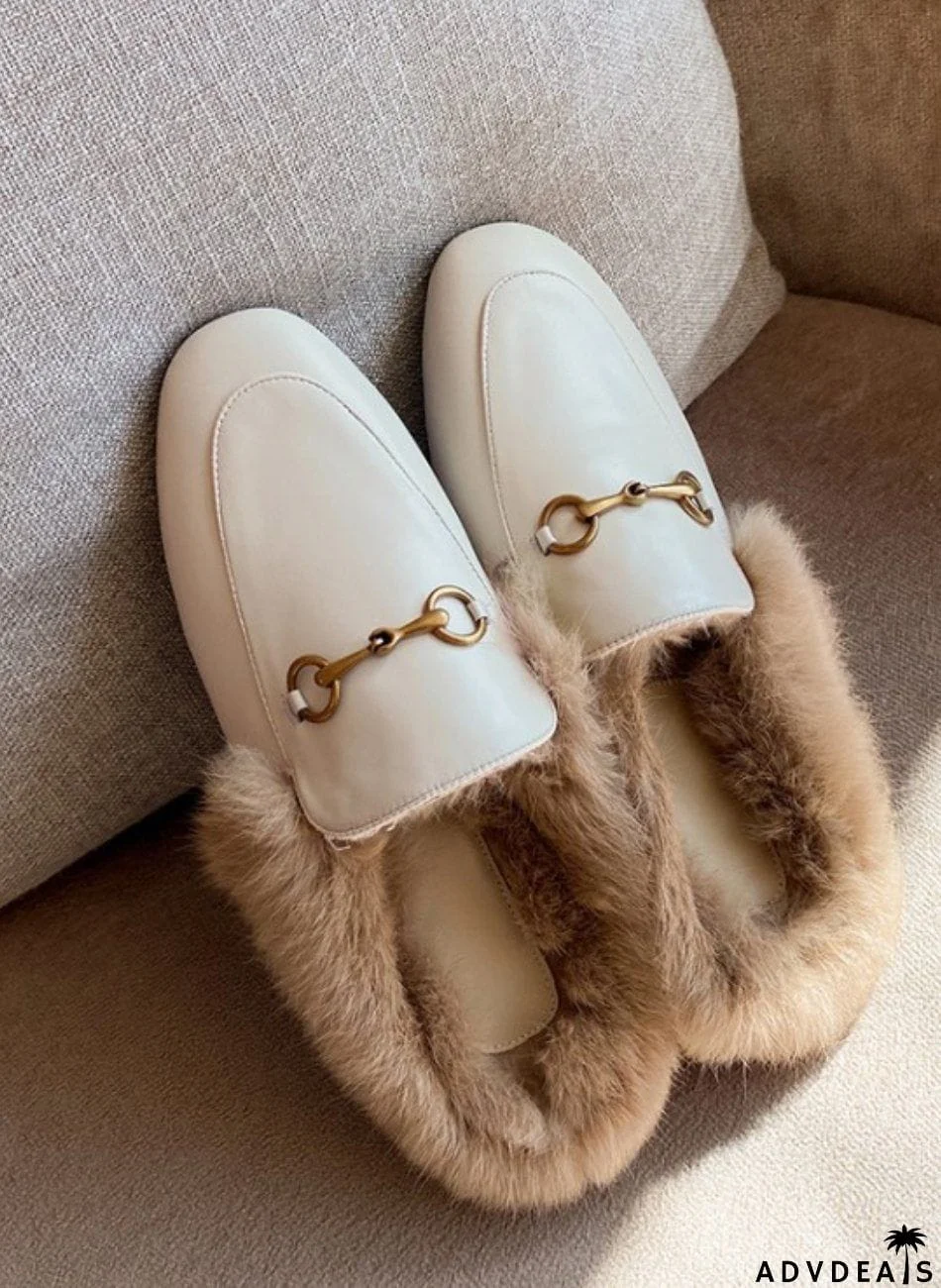 Rabbit Fur Lined Leather Loafer Mules