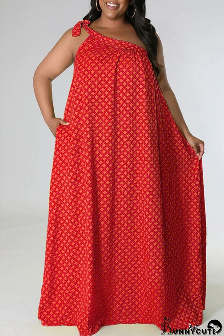 Red Fashion Sexy Plus Size Print Bandage Backless Oblique Collar Sleeveless Dress